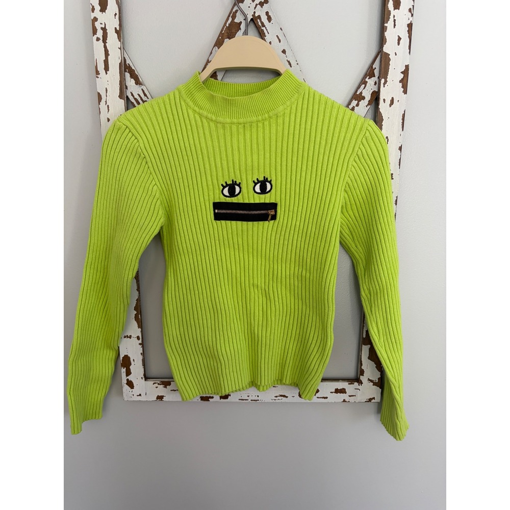Lazy Oaf Zippy Mouth Ribbed Sweater Lime Green Size Small